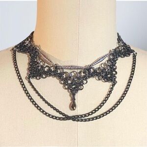 Gothic  Black Chainmaille Choker Necklace w/ Swarovski Crystal Drop
